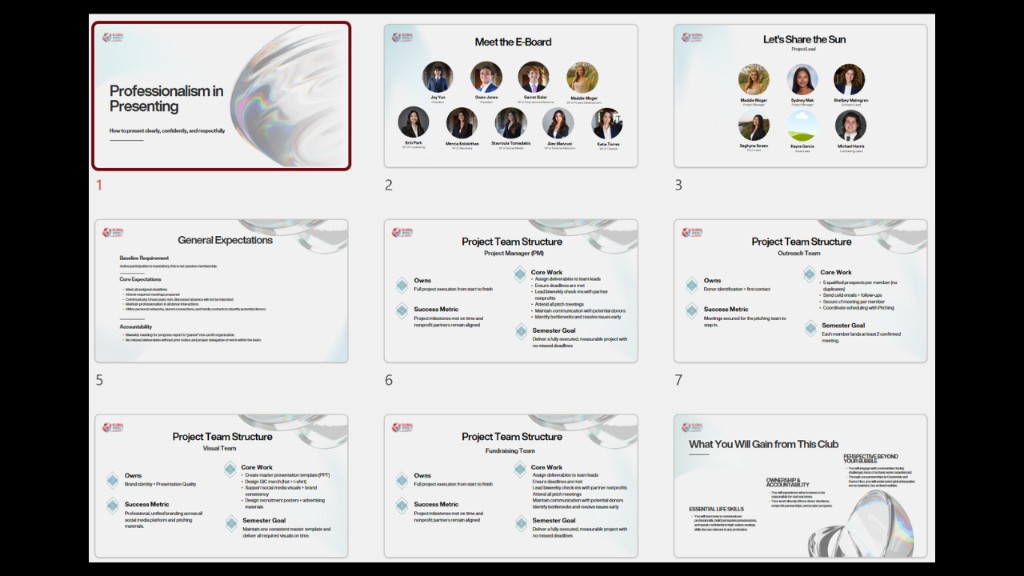 GIC master presentation deck overview — professionalism training, e-board, project team structure, and member outcomes