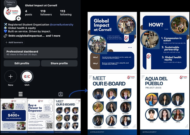 GIC Instagram profile with Meet Our E-Board, Agua del Pueblo project leads, organization overview, and How we help posts